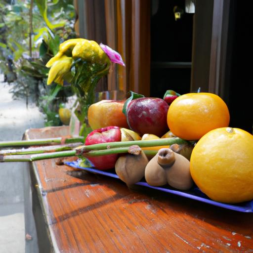 Bàn cúng đầy đủ hoa quả, hoa cúng và nhang trước quán cafe.