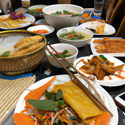 Một bàn đầy các món ăn Việt Nam ngon tuyệt tại Quán Ngon 18 Phan Bội Châu, bao gồm phở, bánh xèo và bún chả.