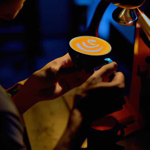 Barista đang chuẩn bị một tách cà phê với hình ảnh latte art tại quán cafe mở đêm ở Hà Nội