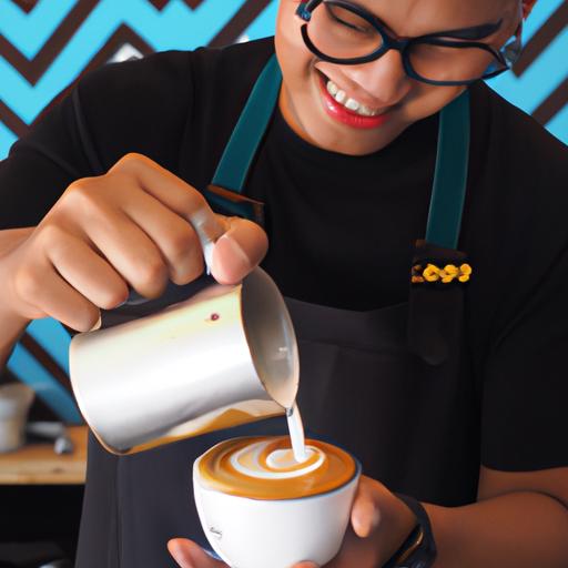Một barista với nụ cười tươi tắn tạo ra một tác phẩm nghệ thuật latte đẹp mắt