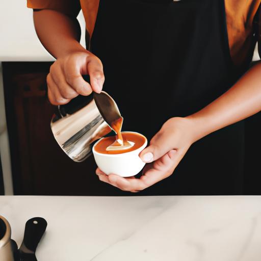 Barista tạo hình latte tại quán cafe nhỏ với thiết kế tối giản.