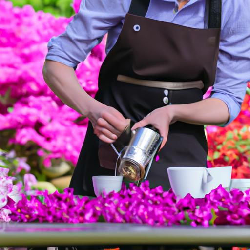 Bartista chuẩn bị tách cà phê ngon tại quán cafe vườn lan tràn ngập hoa đua nở