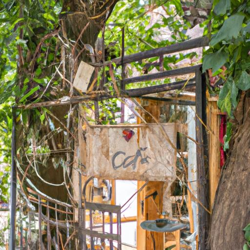 Cổng quán cafe ấm cúng với cánh cổng kim loại mộc và biển hiệu treo trên cành cây.