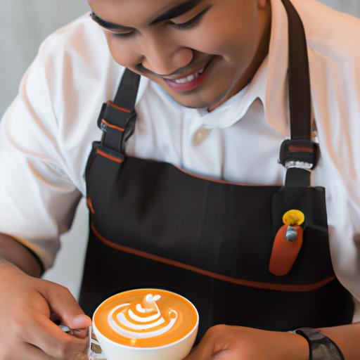 Nhân viên pha chế cà phê vẽ hình trang trí trên tách cà phê với nụ cười thật tươi