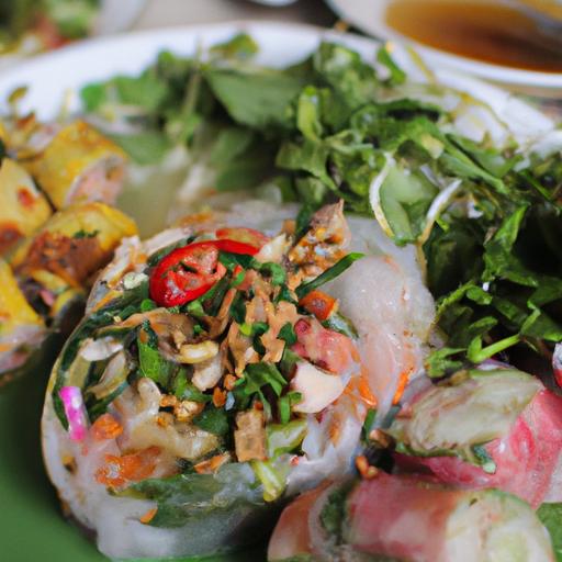 Một đĩa đầy màu sắc với những món ăn ngon của Việt Nam.
