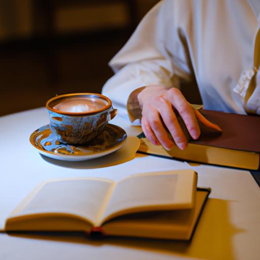 Một người ngồi bàn tại quán cafe sách, bao quanh là hàng trăm cuốn sách và thưởng thức tách cà phê