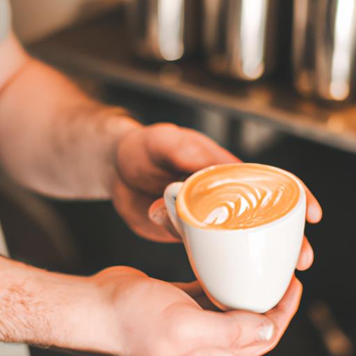 Nhân viên pha chế phục vụ một ly latte với họa tiết trên bề mặt, trong một quán cafe nhỏ.