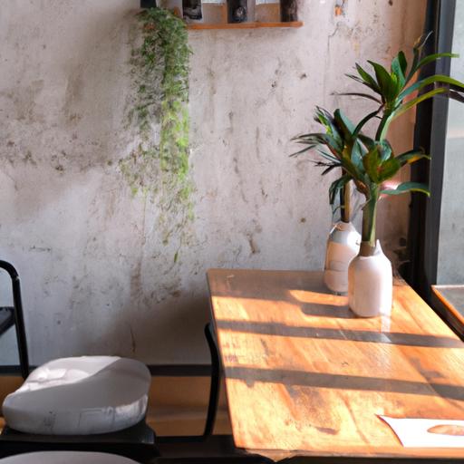 Nội thất tối giản của quán cafe nhỏ với chút xanh mát và ánh sáng tự nhiên.