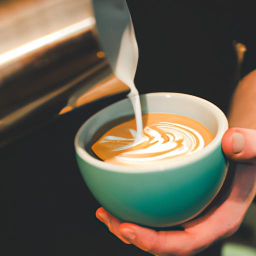 Người pha chế cà phê cẩn thận rót sữa hấp vào latte, tạo ra nghệ thuật latte phức tạp