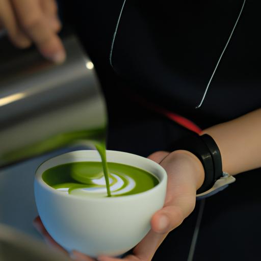 Một nhân viên pha chế chuẩn bị nghệ thuật latte trên ly matcha latte.