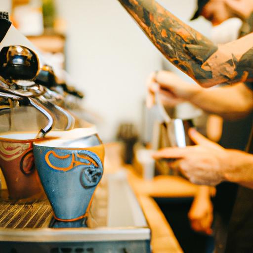 Quán cà phê đông đúc với các barista tạo nên nghệ thuật latte phía sau quầy