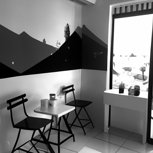 Quán cà phê tối giản với bức tranh tường phong cảnh đen trắng