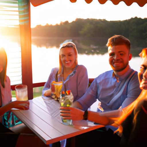 Nhóm bạn đang thưởng thức đồ uống tại quán cafe bờ hồ và ngắm hoàng hôn đẹp như tranh.