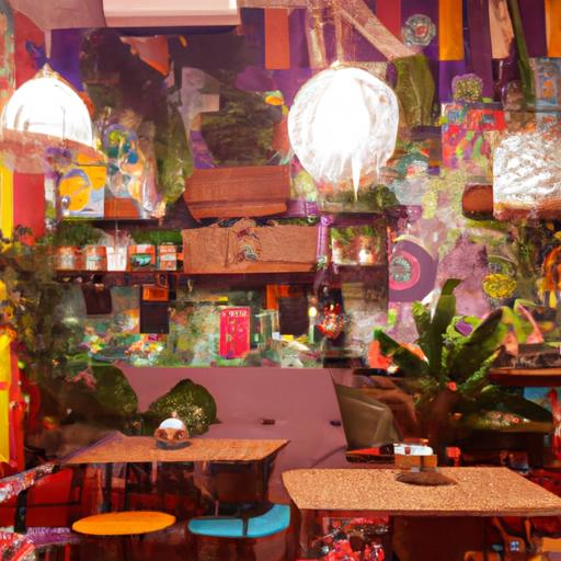 Một quán cafe đầy màu sắc và sôi động ở Hà Nội với trang trí độc đáo và không khí vui tươi.