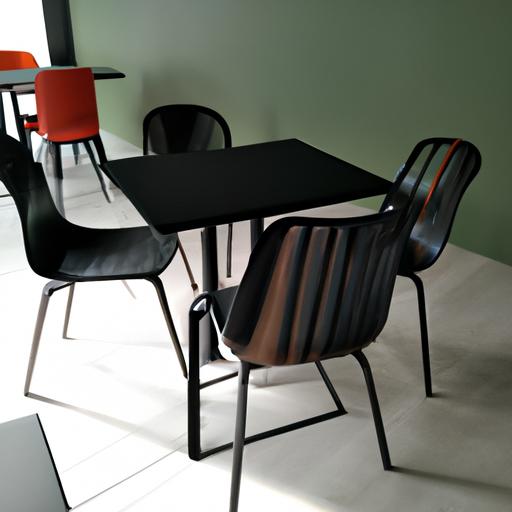 Quán cafe hiện đại với ghế đen bóng và thiết kế tối giản