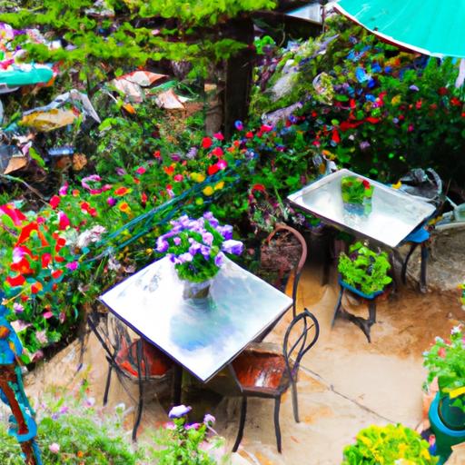 Khung cảnh ngoài trời tuyệt đẹp với khu vực ngồi được bao quanh bởi cảnh quan xanh tươi và hoa nở rộ tại quán cafe ở Đà Lạt.