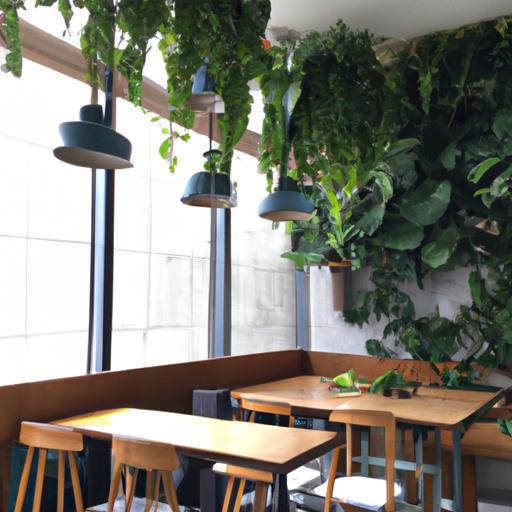 Một quán cafe hiện đại với thiết kế tối giản và tường xanh cây