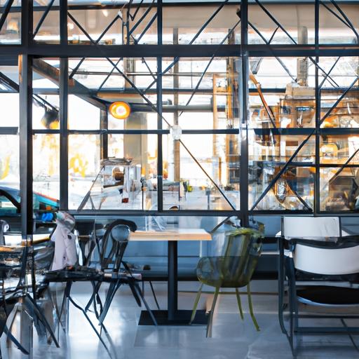 Quán cafe hiện đại với thiết kế công nghiệp sử dụng vật liệu kim loại và gỗ.