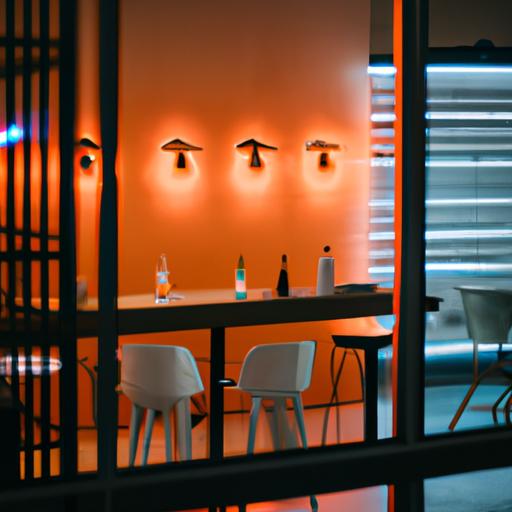 Quán cafe hiện đại với thiết kế nội thất tối giản và đèn neon lung linh vào ban đêm.