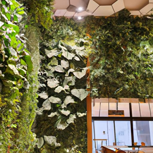 Quán cafe hiện đại với tường xanh được làm bằng cây giả