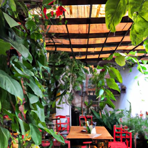 Quầy bar cà phê mang phong cách đồng quê bao quanh bởi cây cối xanh tươi