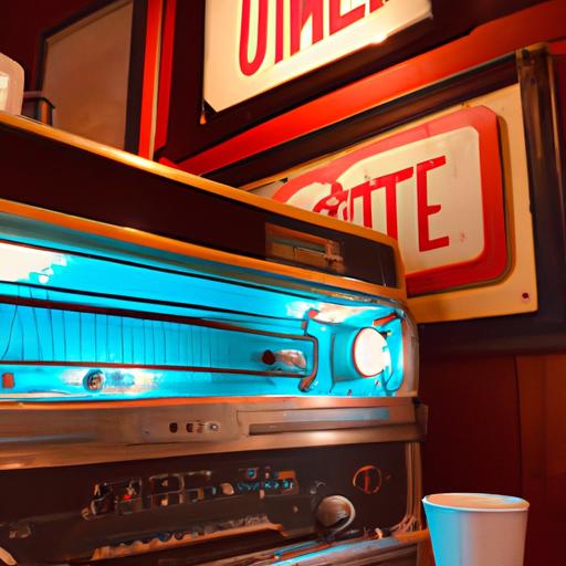 Quán cafe đèn mờ phong cách cổ điển với trang trí đồ dùng cổ và đầu đĩa nhạc retro.