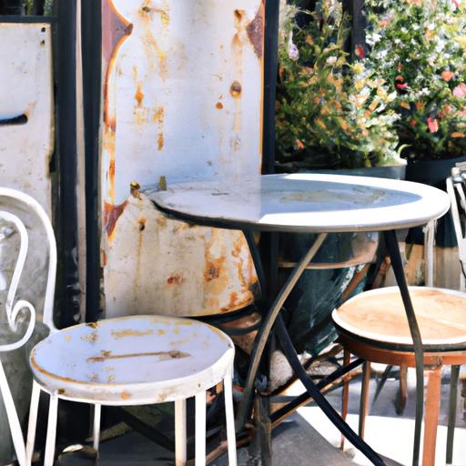 Quán cà phê ngoài trời kiểu cổ với ghế xếp kim loại và trang trí vintage