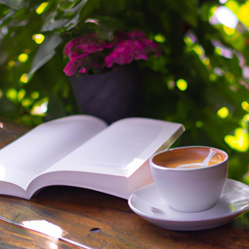 Một tách cà phê nóng và một cuốn sách trong quán cafe sân vườn yên tĩnh