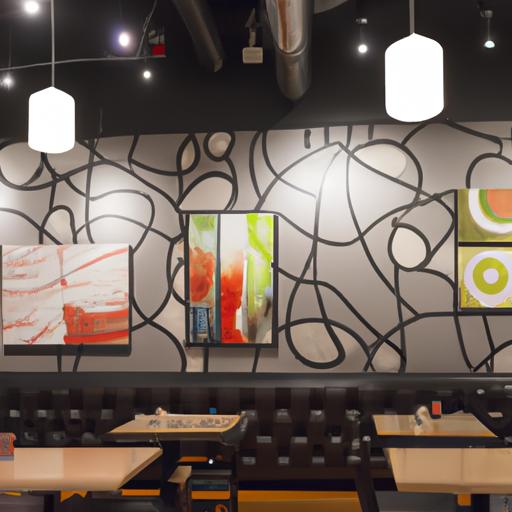 Quán cafe hiện đại với những tác phẩm nghệ thuật trừu tượng treo trên tường.