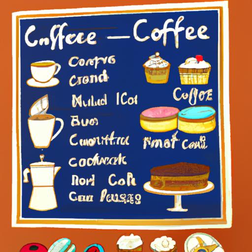 Bảng menu quán cafe đầy màu sắc với các hình minh họa vẽ tay về cà phê và bánh ngọt.